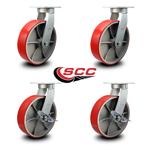 12 Inch Heavy Duty Red Poly on Cast Iron Wheel Swivel Caster Set with 2 Brakes